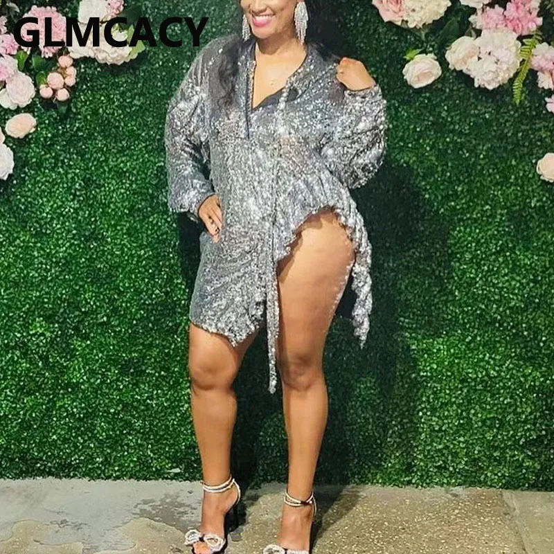 

Women Long Sleeve Metallic Slit Mini Dress Sexy Party Club Dress
