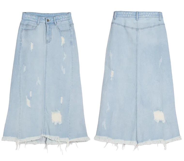 Женская рваная джинсовая юбка длинная эластичная с высокой талией модель 3xl на