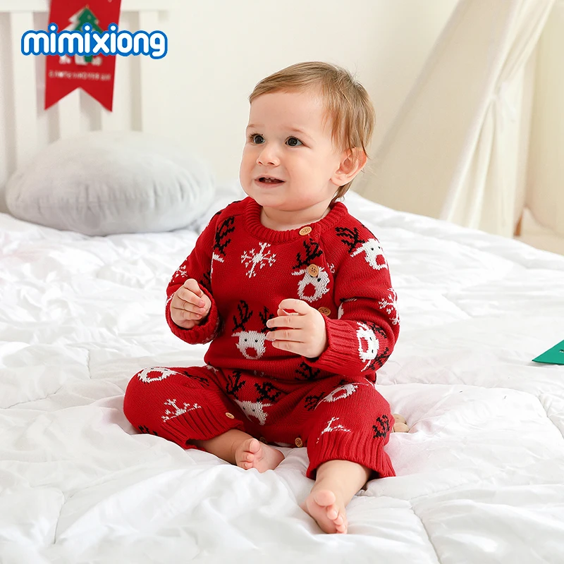 

Baby Rompers Christmas Cute Red Reindeer Knitted Newborn Boys Girls Jumpsuits Outfit One Piece Long Sleeve Infant Unisex Clothes