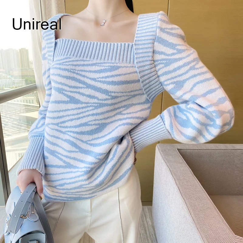 

Unireal 2021 Autumn Winter Women Striped Sweaters Jumpers Knitted Pullovers Fashion Luxury Blue Ruffle Sweaters