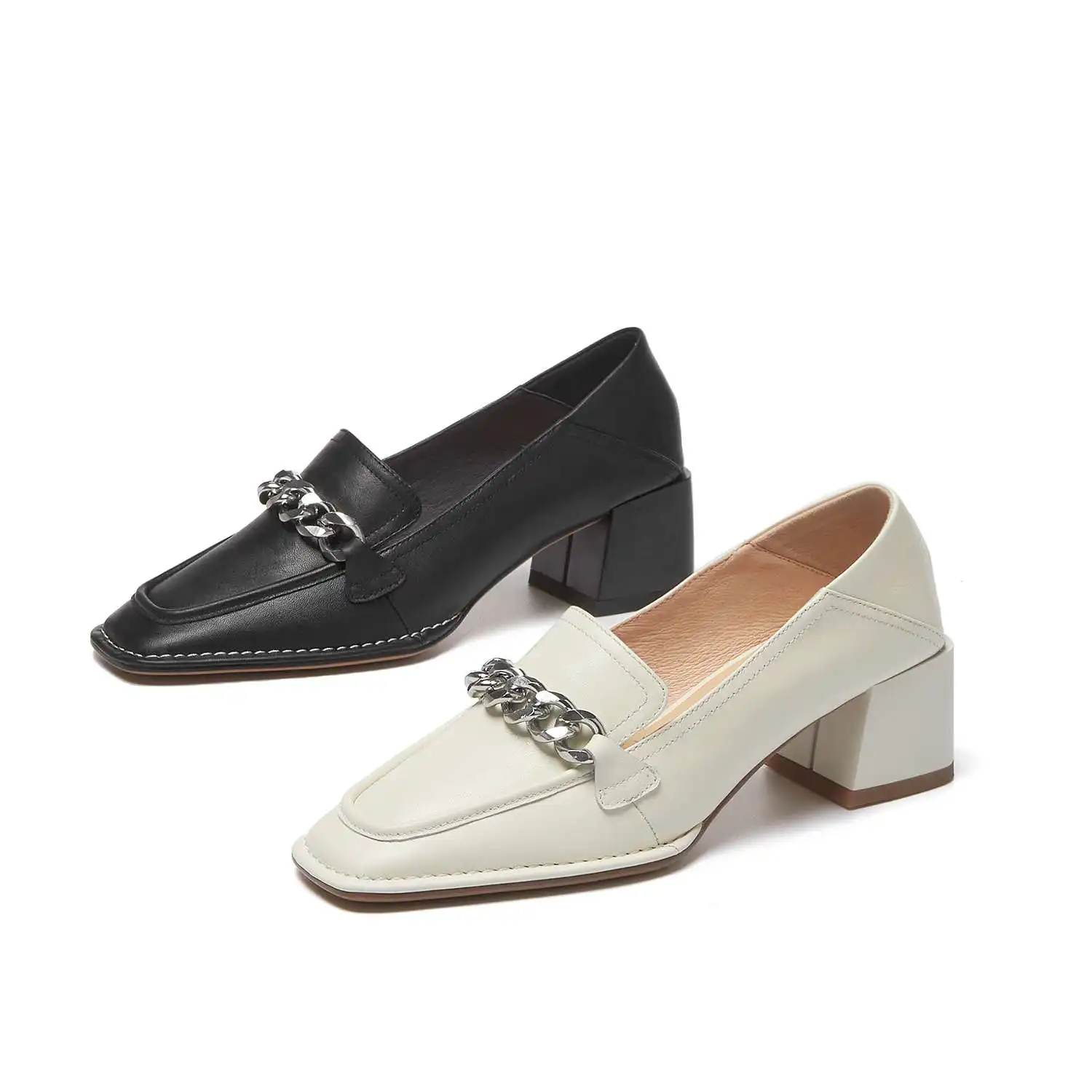 

Krazing pot genuine leather square toe high heels chain decoration fashion shoes slip on deep mouth spring new women pumps L28