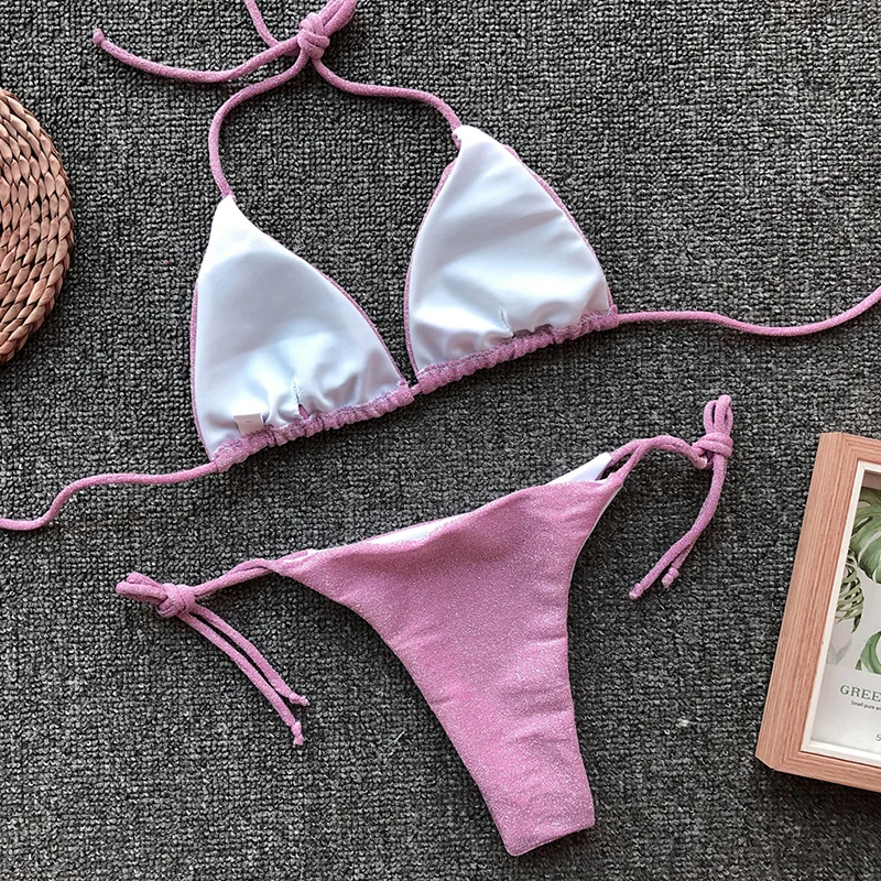 

Chisalis Sexy Pure Color Swimsuit Women 2021 New Low Waist Push Up Bikini Set Flash Halter Beach Women's Bathing Suits Biquini