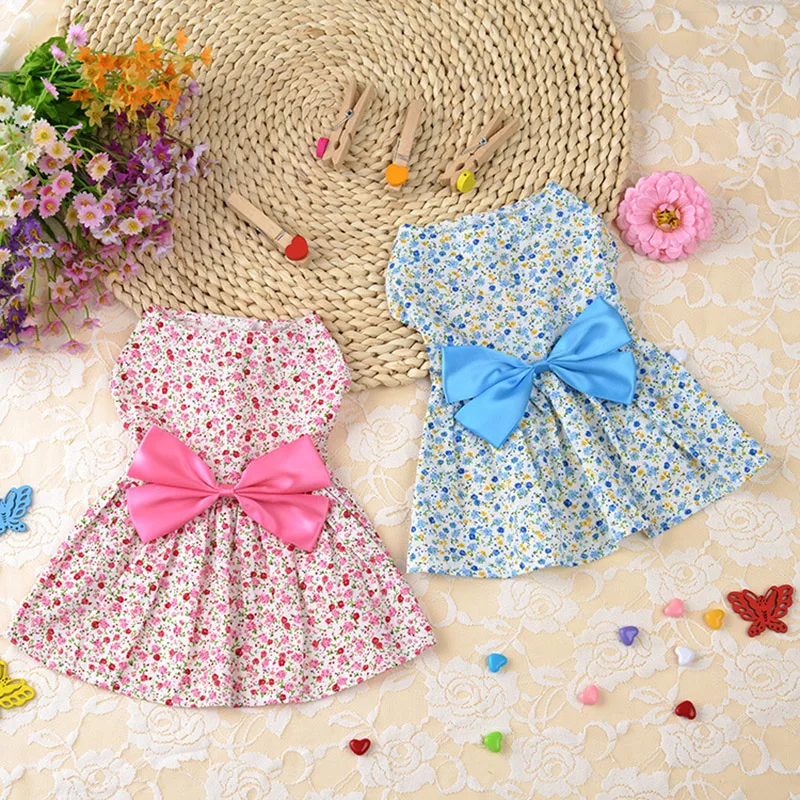 

Summer Floral Bow Dog Dress Pet Wedding Dresses For Chihuahua Pug Yorkie Clothing Puppy Cat Products Dog Clothes for Small Dogs