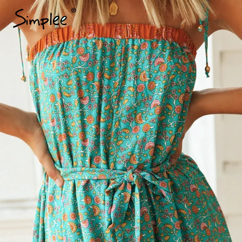 Simplee Boho Летнее платье с цветочным принтом без рукавов рюшами поясом Ретро стиль