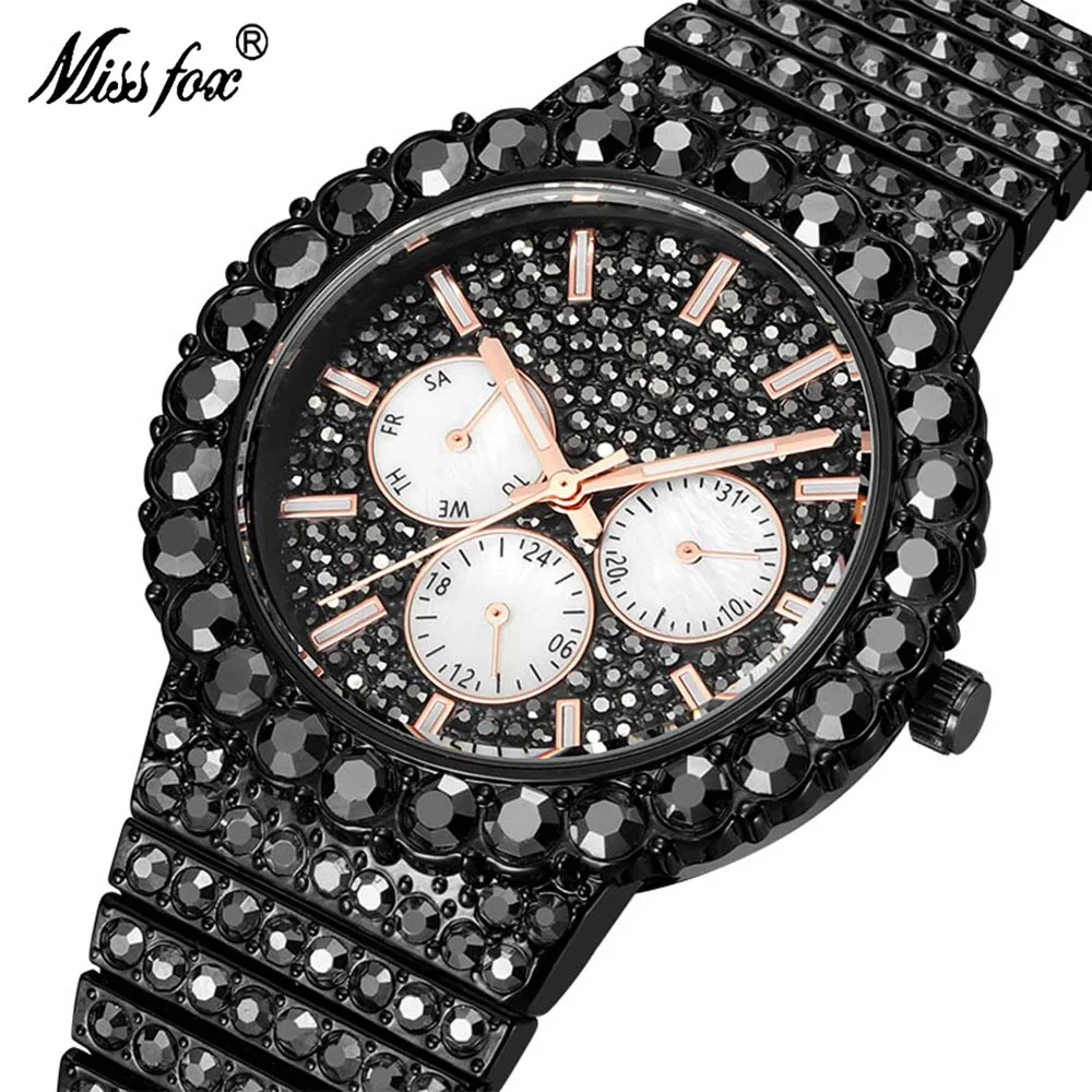 

MISSFOX Men's Quartz Wristwatch Full of Luxury Diamond Hardlex Dial Silver Color Fashion Waterproof Chronograph Watches V311