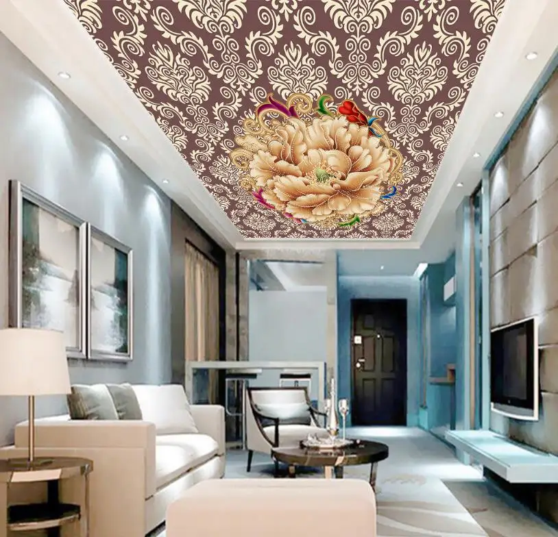 

3D ceiling custom home decor wallpaper wall ceiling Chinese rose 3d ceiling HD 3d stereoscopic 3d wallpape murals