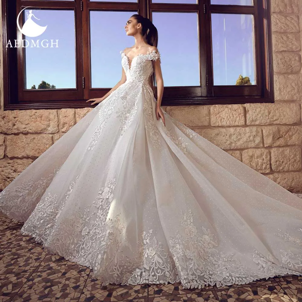 

Aedmgh бальное платье Свадебные платья в стиле ампир 2022 милое с открытыми плечами свадебное платье с кружевами свадебное платье со шлейфом