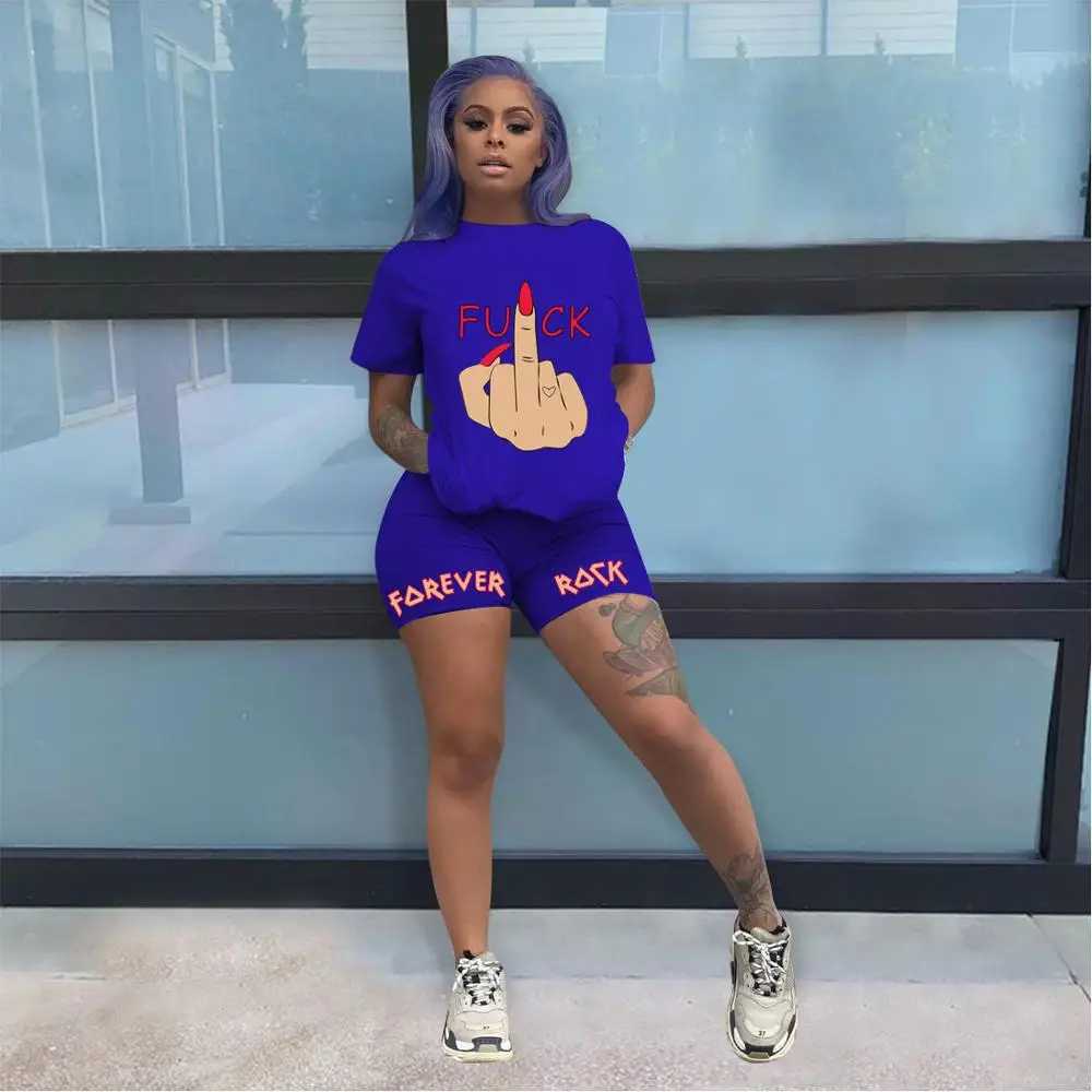 

2020 new leisure cartoon printing sports two-piece fashion loose O-neck short-sleeved T-shirt and shorts ladies suit