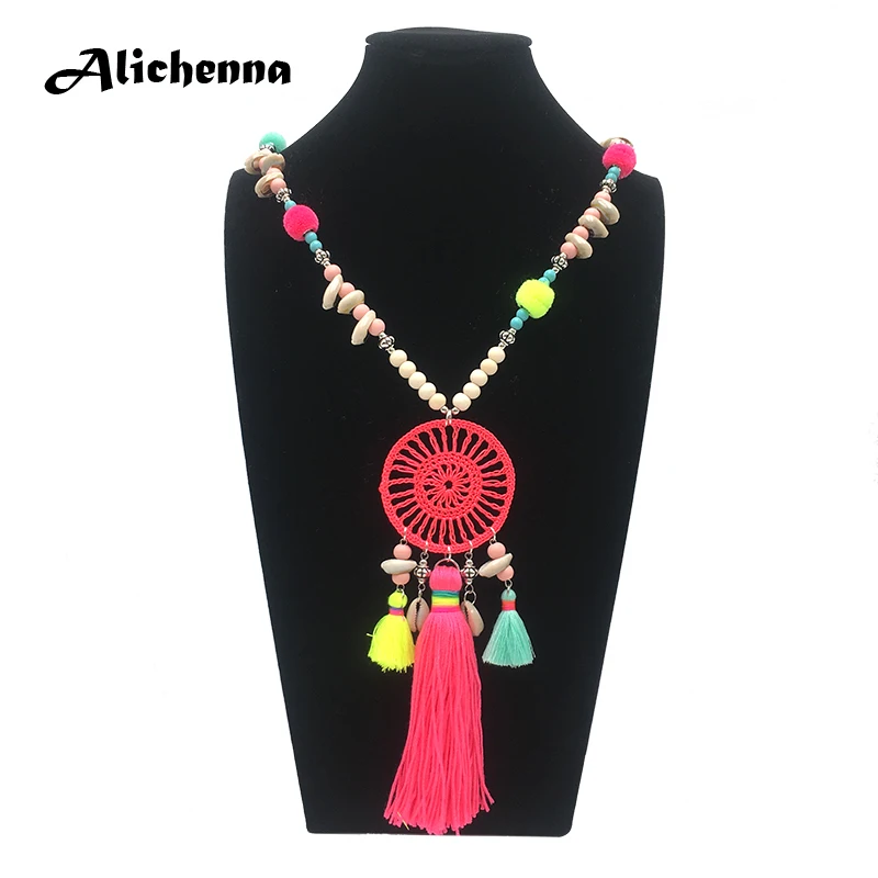 Богемное женское длинное ожерелье с цветными кисточками деревянные бусины бохо