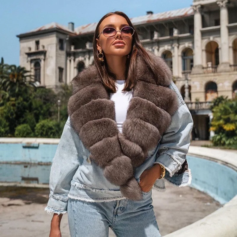 

2021 New Arrivals Women Real Fur Jean Coats Fashion Fox Fur Collar Denim Jackets Luxury Streetwear Female Overcoat S3606