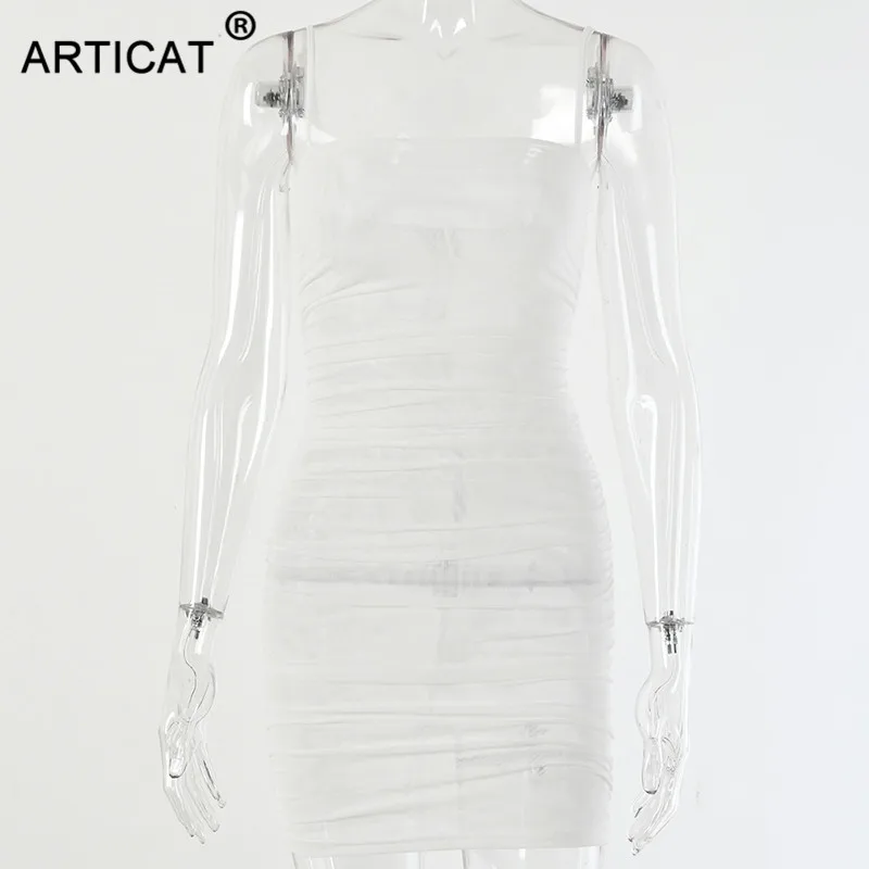 Белый Articat, Двухслойное, Сетчатое, прозрачное, сексуальное платье, для женщин, на тонких бретелях, без рукавов, облегающее платье, короткое, с рюшами, вечерние, летнее платье - Цвет: Белый