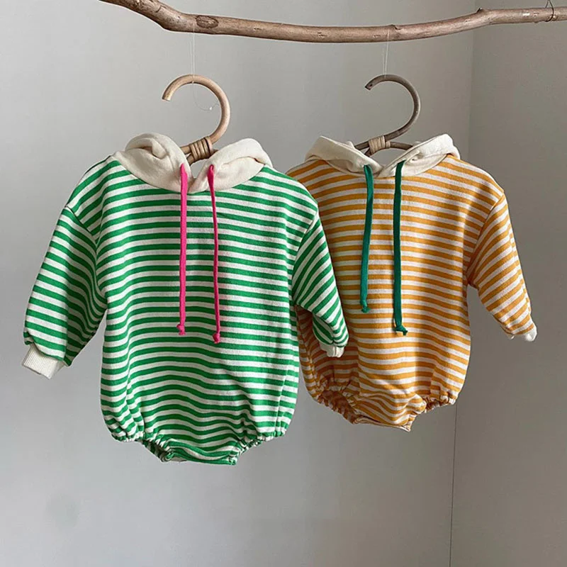 

2021 Spring New Born Clothes Cute Long Sleeve Striped O-Neck Collar Hoodies Bodysuit