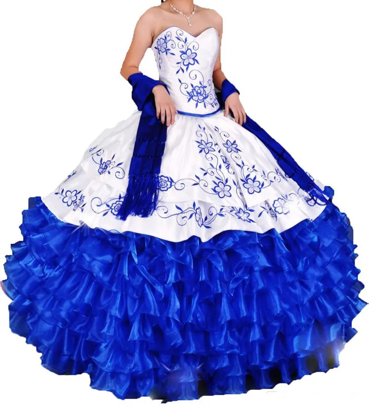 

White With Blue Ball Gown Quinceanera Dresses Embroidery Sweet 16 Prom Pageant Debutante Formal Evening Prom Party Gown
