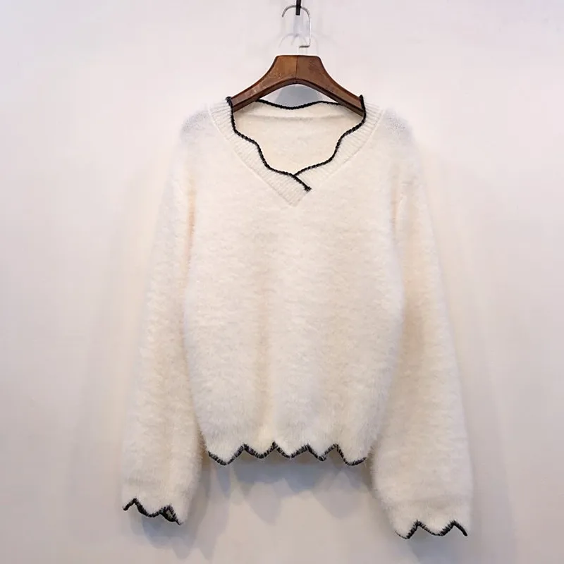 

Contrast Color V Neck Sweaters Ladies Autumn Winter Cute Fluzzy Synthetic Mink Cashmere Sweater Women Knitted Pullovers
