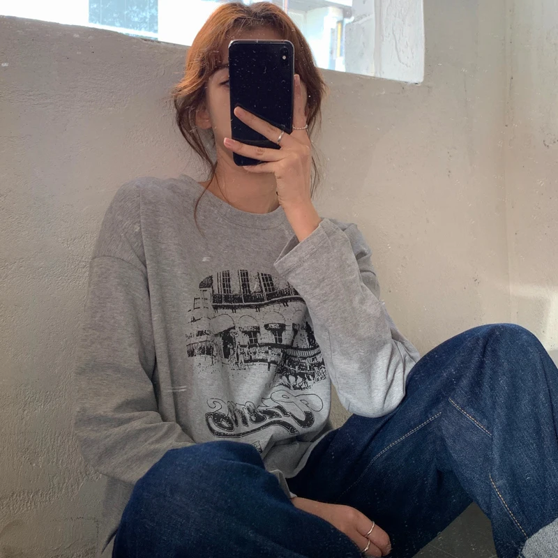 Суперпопулярная Ретро футболка с длинным рукавом Женская свободная Корейская в