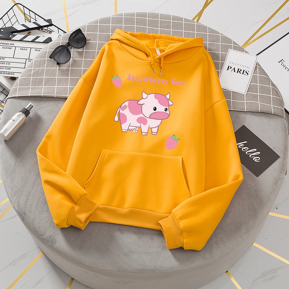 Hoodie Oversize Woman Sweetshirt Suit Thick Sweat Capuche Femme Sweatshirt Pink Harajuku Kawaii Strawberry Milk Printed Hoodie