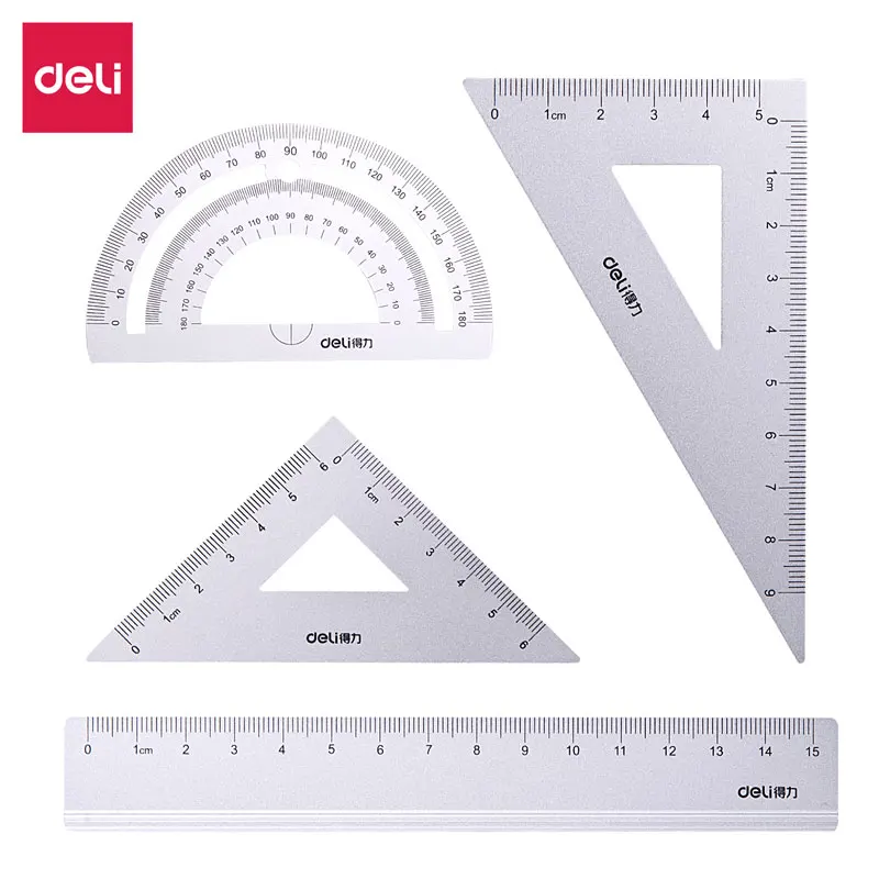 

Deli Metal Matte Student Drawing Test Set Ruler (bar Ruler + Triangle Ruler * 2 + Protractor) Set of 4 pcs 79516
