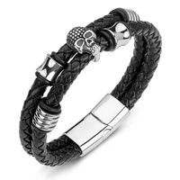 trendy men bracelets genuine leather braided rope chain stainless steel skull wristband handmade bangles punk jewelry gift p193