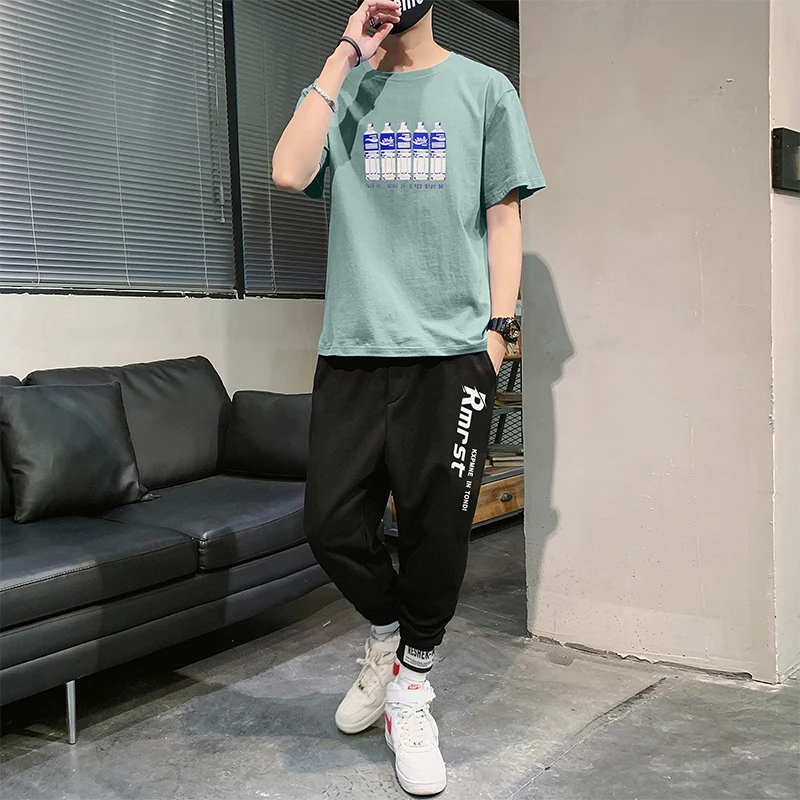 

Summer new Aquarius printing logo design cotton T-shirt, street style short sleeve + leisure sports pants suit