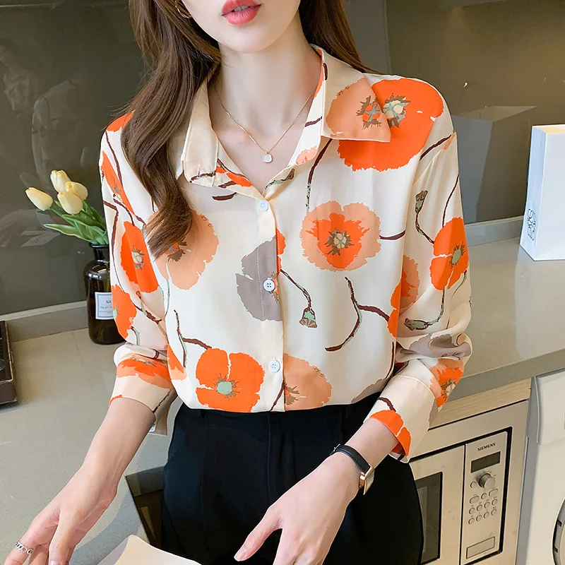 

Chiffon Women's Blouse Casual Polo Girl's Shirt Summer Loose Fashion Plus Size Long Sleeve Top Print Lady Blusas Houthion