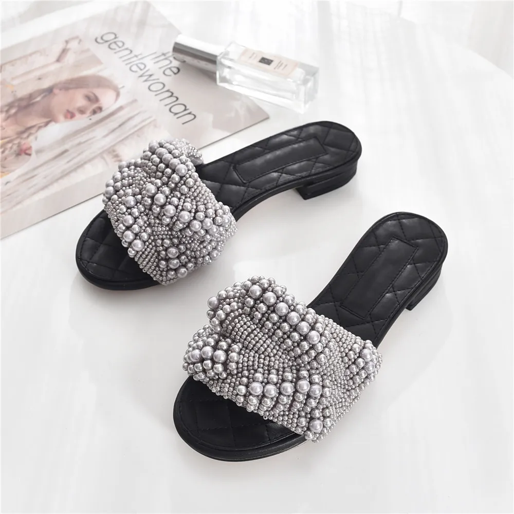 

Сандалии женские из натуральной кожи, шлепанцы с бусинами, ручная работа, плоская подошва, жемчужные бусины, летняя уличная пляжная обувь, П...