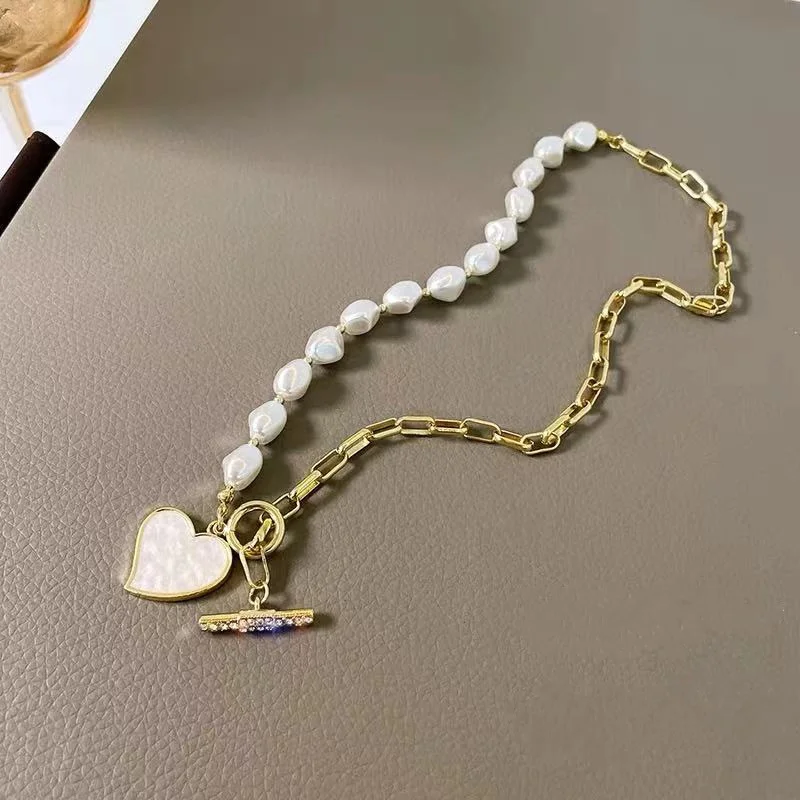 

Imitation Baroque Pearl Titanium Steel Necklace for Women Korean Fashion Heart-Shaped Pendant Jewelry Girl's Sexy Clavicle Chain