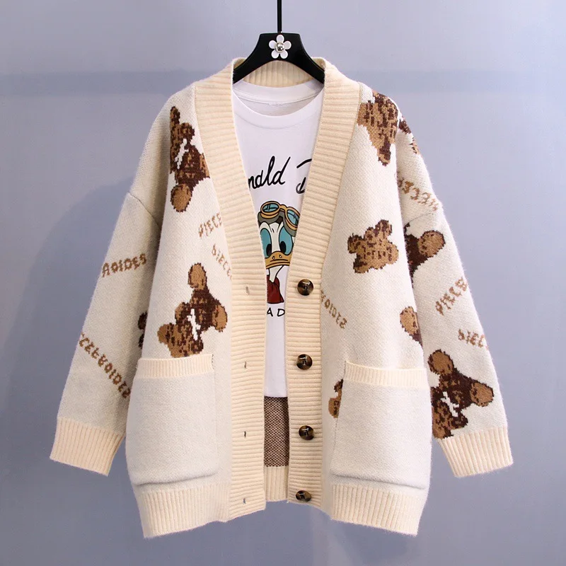 

Bear Letter Sweater Jacket Women's Loose Thicken 2021 New Korean Lazy Knit Cardigan