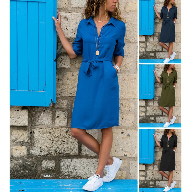 

Spring Autumn Shirt Dress Fashion Turn-Down Collar Half Button Up A-Line Bandage Dresses For Women 2021 Vestidos Mujer Casual