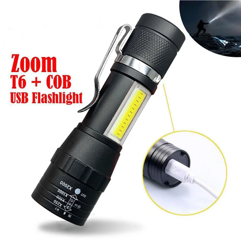 

Portable LED Flashlight T6 COB Light Rechargeable Flashlight Built-in Battery Zoom Flashlight 3 Mode Waterproof Emergency Torch