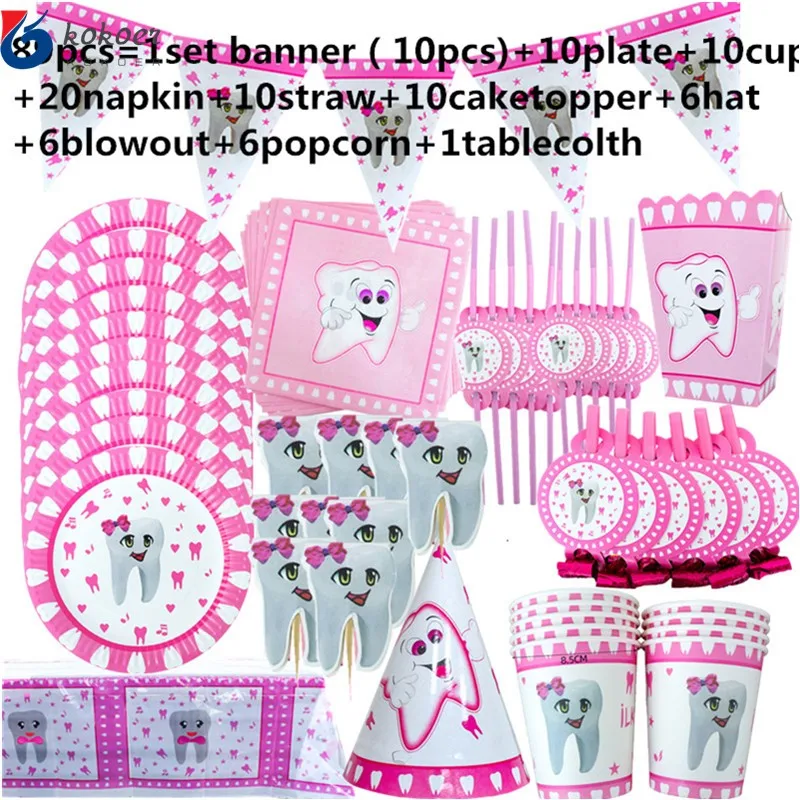 1set 20pelople ues Rosa mi primer diente tema vajilla de decoraci&oacute;n de fiesta plato y vaso de papel servilletas tablecolth babyShower fiesta Supp-1