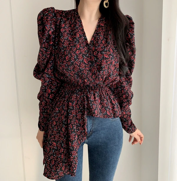 Женские блузки с цветочным принтом в Корейском стиле асимметричные туники