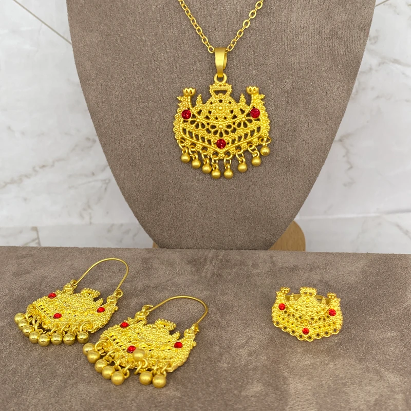 

Conjuntos de joyería nupcial Africana chapada en oro de 24K para mujer, collar, pendientes, pulsera, regalos del anillo conjunto