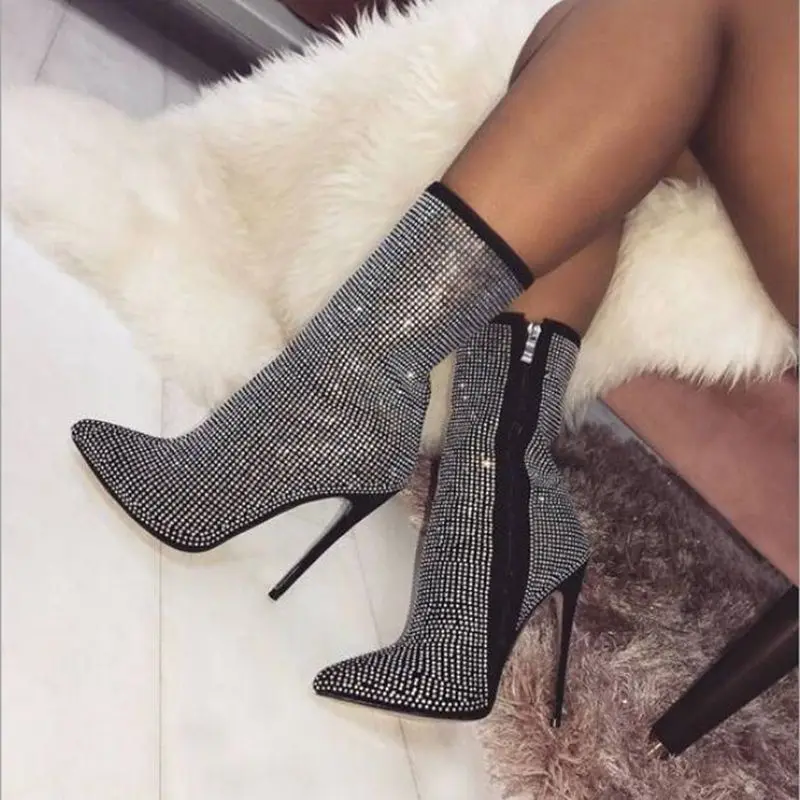 

Pointed Toe Crystal Zipper Glitter Boots Bling Bling Side Fashion Embellished Mid Calf High Thin Heel Dress Shoes Booties
