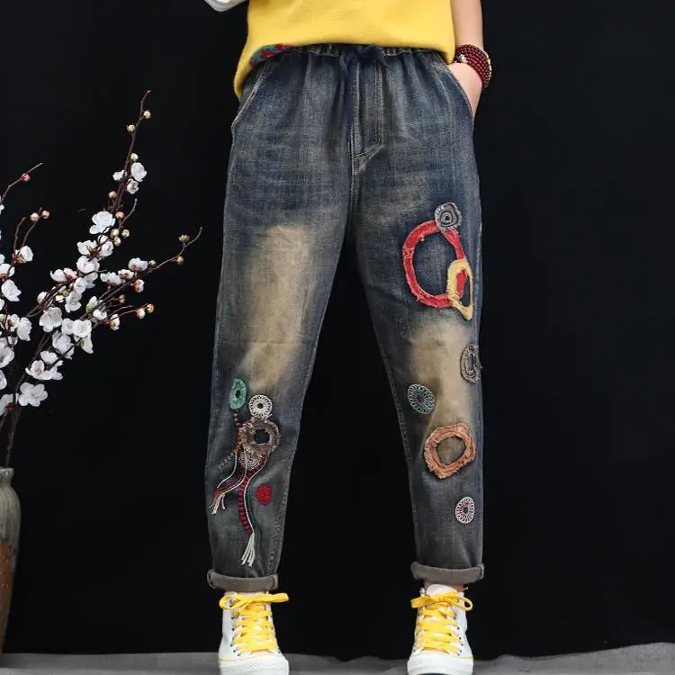 Оригинальные 2020 осенние новые ретро штаны-шаровары с вышивкой свободные женские