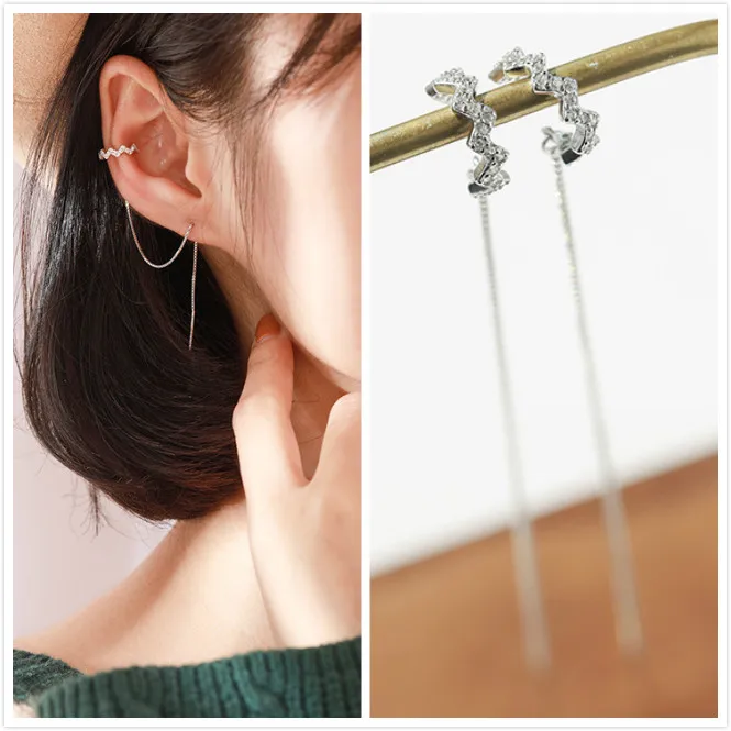 

Fake One Compensation Ten Korean Lady Personality Long Fringe Earrings Female S925 Sterling Silver Wave Micro-Inlaid Ear Clip Ha