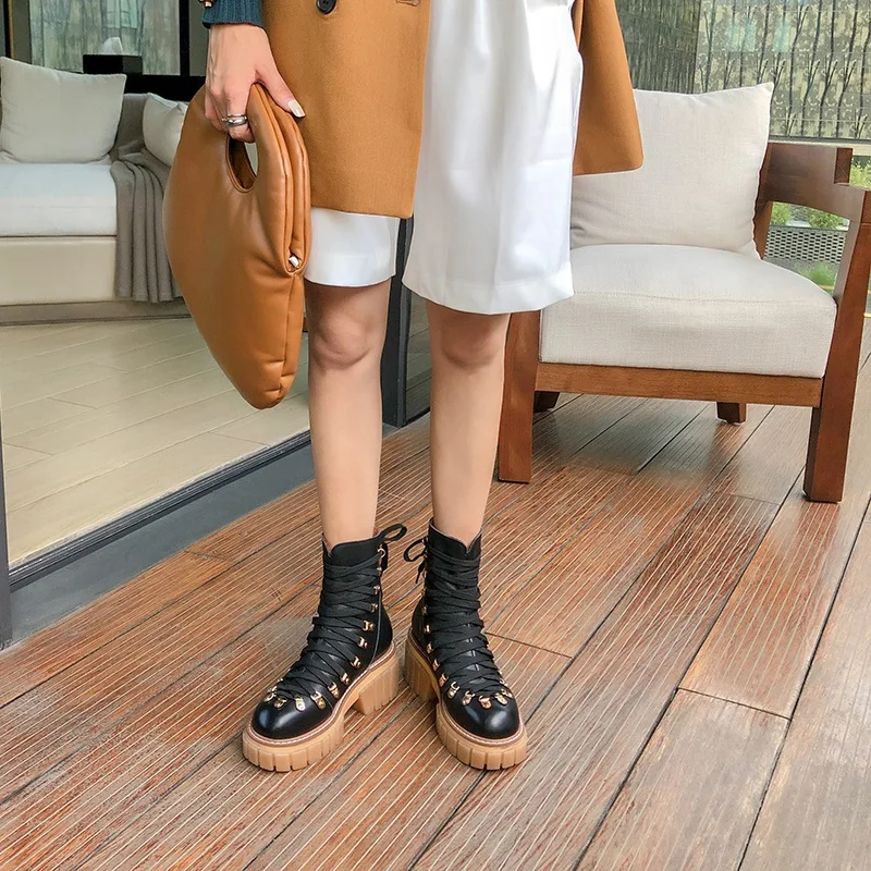

brand classic lace up platform ankle boots women punk rivets black chunky high heels winter shoes round toe martin boots female