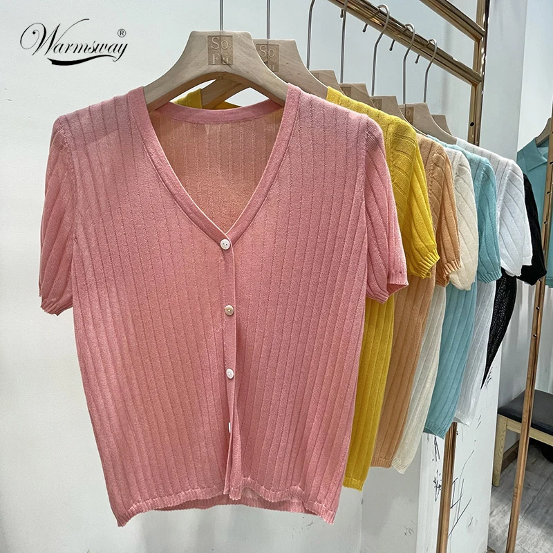 

100% Tencel T-shirts Women V-neck Fake Button Up Tees Short Sleeve Casual Knitted Crop Tops For Women 2021 Summer Tee A-011