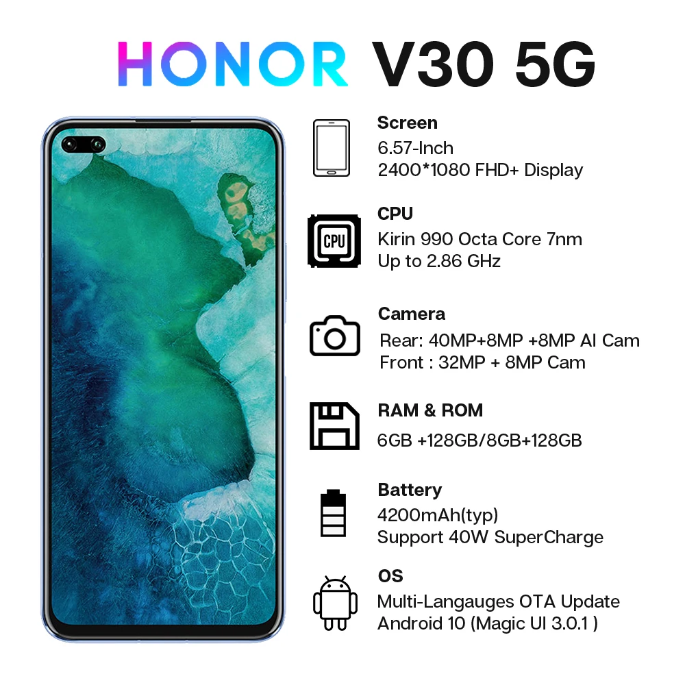 Honor V30 View 30 5G смартфон Kirin 990 Octa Core 40MP AI Triple Camera 16Core GPU 40W SuperCharge сотовые телефоны Google