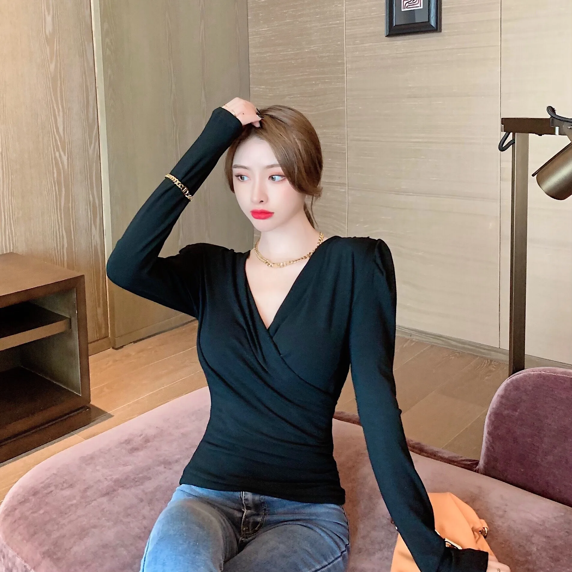 

2021 Spring And Autumn Sexy Cross V-Neck Top Women Slim Long Sleeve T-Shirt Pure Color Knitted All-Match Top