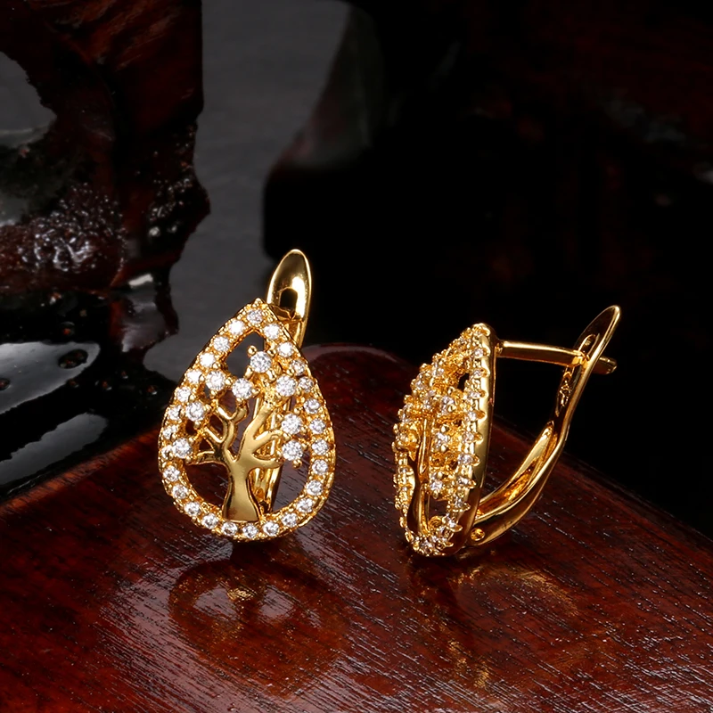 Популярные серьги-гвоздики Kinel с цветком на удачу и деревом модные золотые серьги