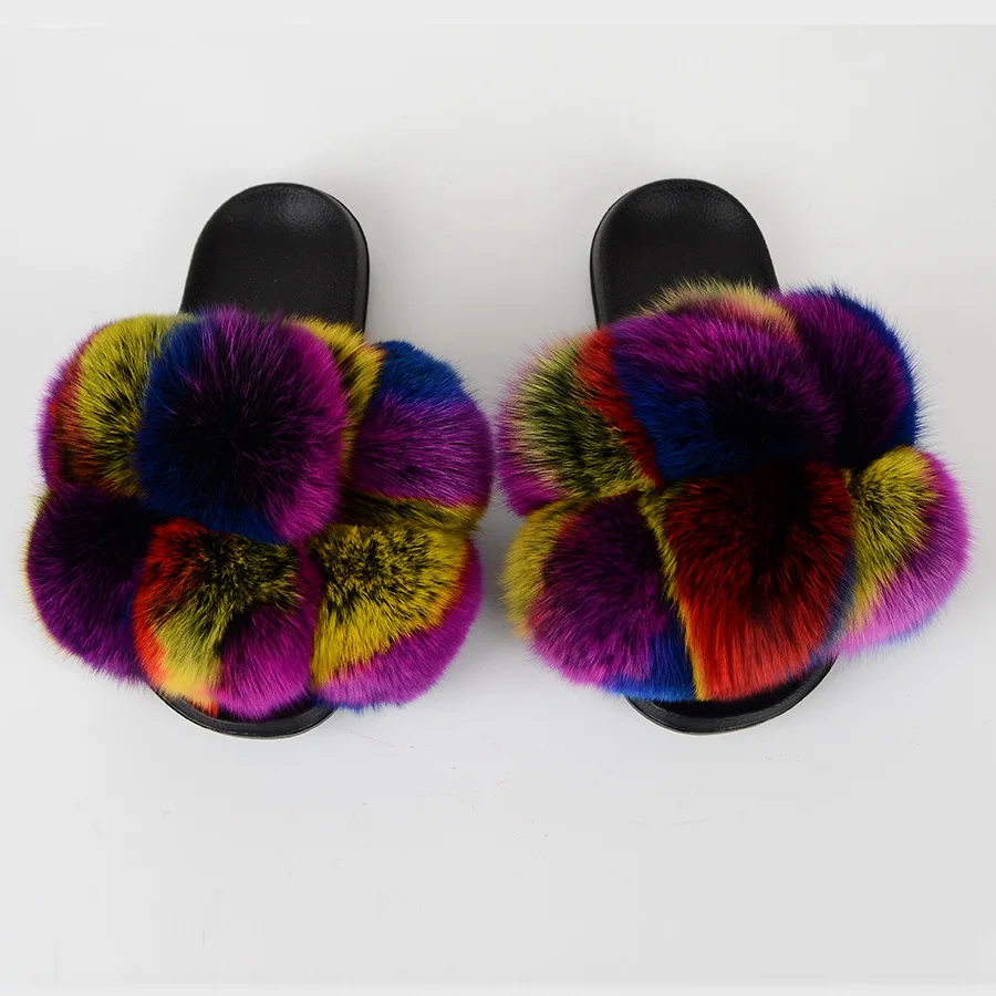 

2021 new real fox fur slippers flip flops fashion women European and American fur ball sandals and slippers