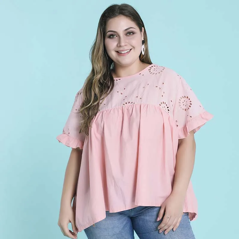 WHZHM розовая фотосессия 3XL 4XL женские футболки с оборками элегантные вырезами и