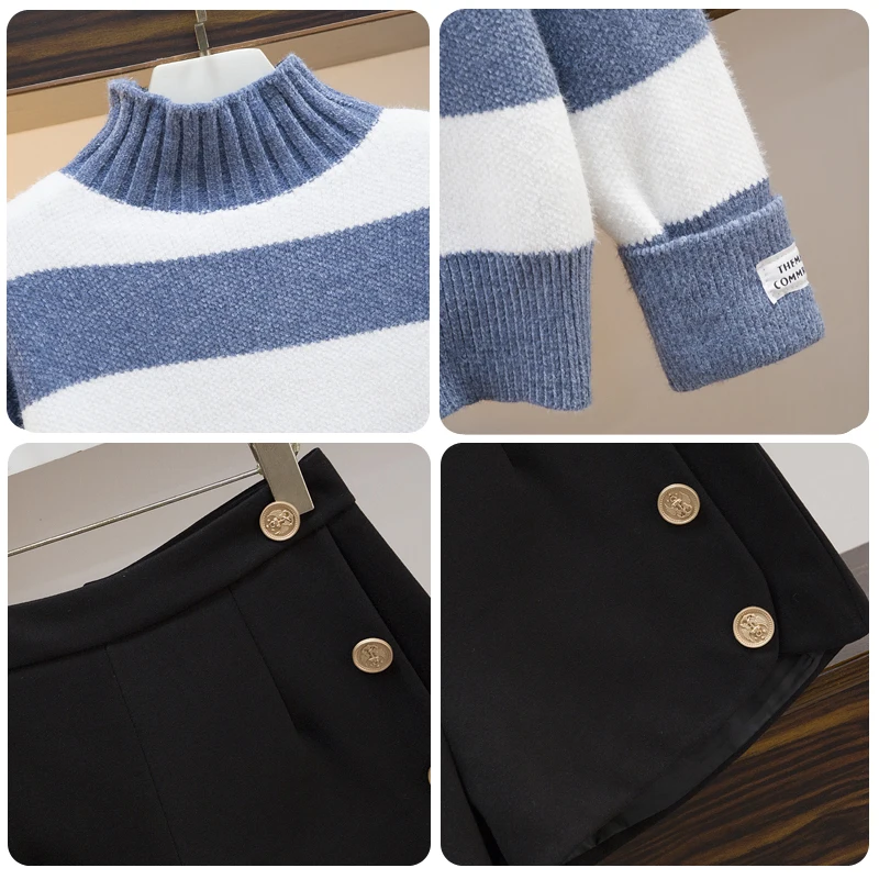 

Women Outfit Pullover Stripe Sweater Female Autumn Outfit Knitwear New Round Collar Top Ladies Shorts Two-Piece Loose Winter