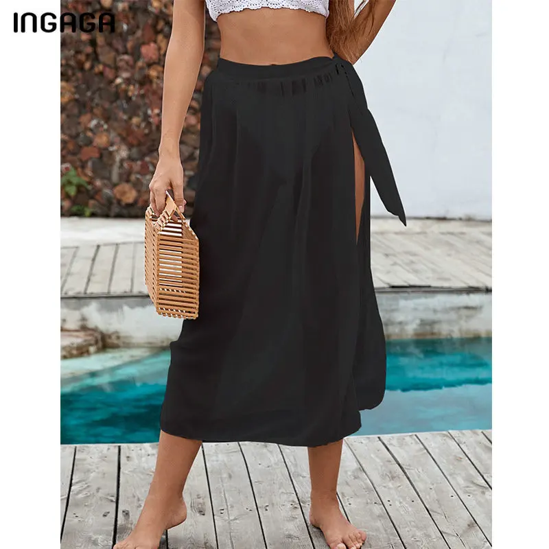 

INGAGA Solid Dress Women Summer 2021 Beach Mesh Cover Up Sexy Long Dress New Bathing Suit Knotted Beach Wear Beach Dresses