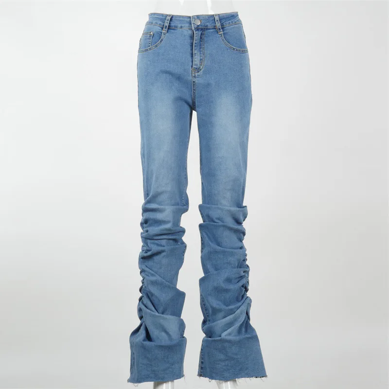 

2020 High Waist Solid Zipper Ruched Stacked Baggy Jeans Autumn Winter Women Fashion Streetwear Casual Trousers