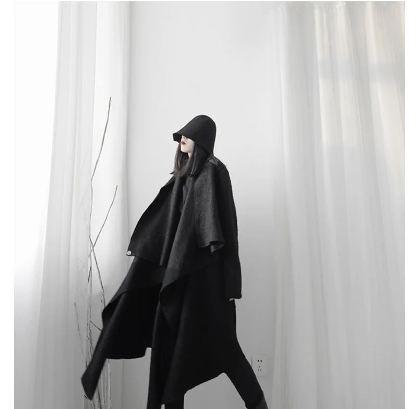 

[EAM] Women Black Asymmetrical Big Size Trench New Lapel Long Sleeve Loose Fit Windbreaker Fashion Spring Autumn 2021 19A-a572