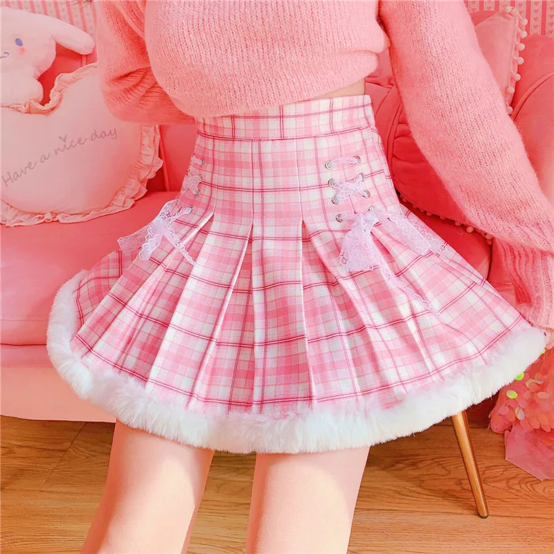 

New Kawaii Pleated Mini Skirt Women Korean Fashion Plaid Cute Lace Cosplay School Gilr Lolita Female Warm Short Tutu Skirts