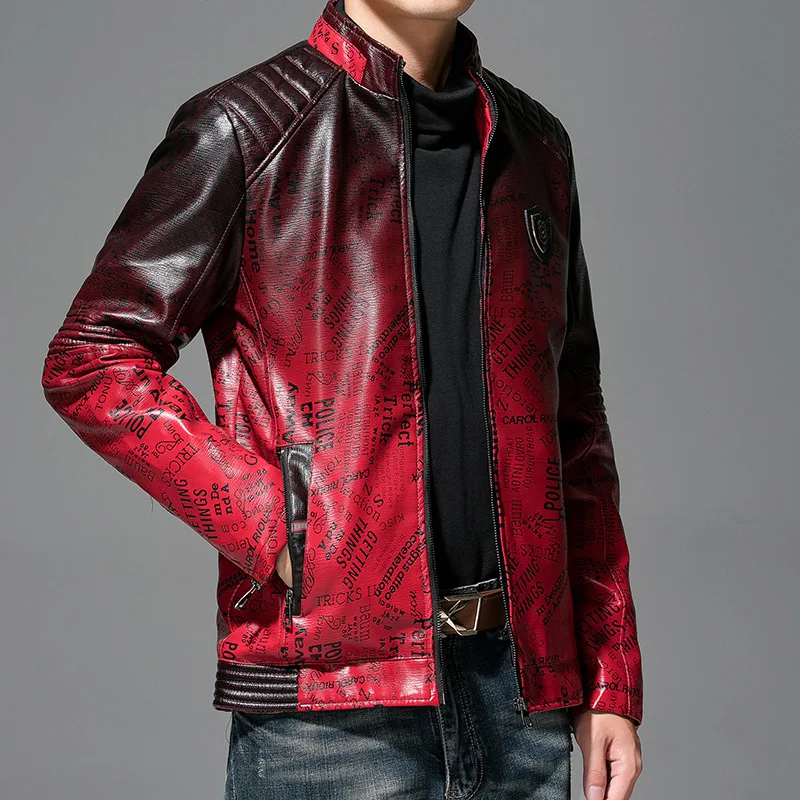 

2022 Men's New Letter Printing Gradient Color Leather Clothing with Stand Collar Youth Casual Zipper PU Leather Jacket