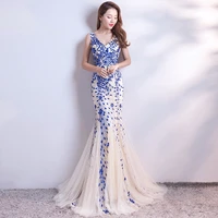 elegant mermaid v neck long evening gown high slit sequined appliques sleeveless tulle floor length prom formal dress for party