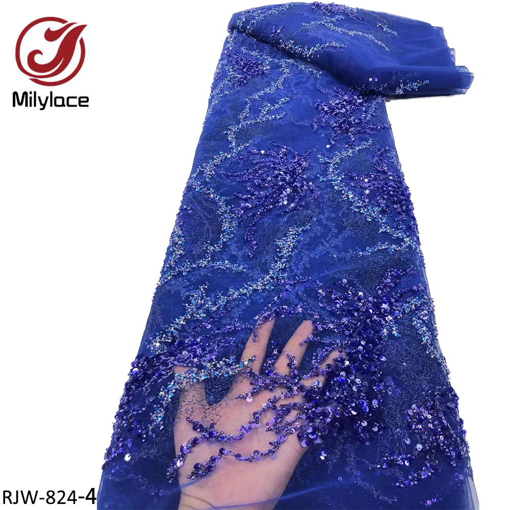 Tela de tul brillante de alta gama, con cuentas de lentejuelas pesadas, lujoso vestido de noche, RJW-824 de encaje franc&eacute;s-3